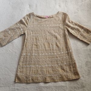 Lilly Pulitzer Yasmine Embroidered Tunic Top Tan Beige White Size 8 EUC